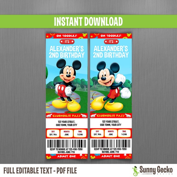 Disney Mickey Mouse Clubhouse Birthday Ticket Invitations - Instant Download and Edit with Adobe Reader Il_570xn