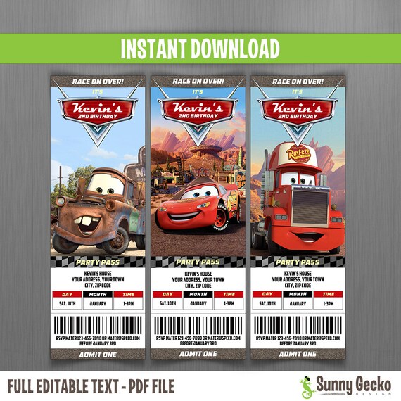 Ticket Invitaciones de Cumpleaños de Disney Cars Descarga 