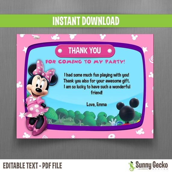 Disney Minnie Mouse - Mickey Mouse Clubhouse Birthday Thank You Cards - Instant Download and Edit with Adobe Reader Il_570xn