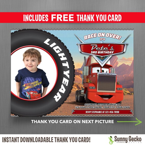 Disney Cars Mack 7x5 in. Birthday Party Invitation with FREE editable Thank you Card Il_570xn