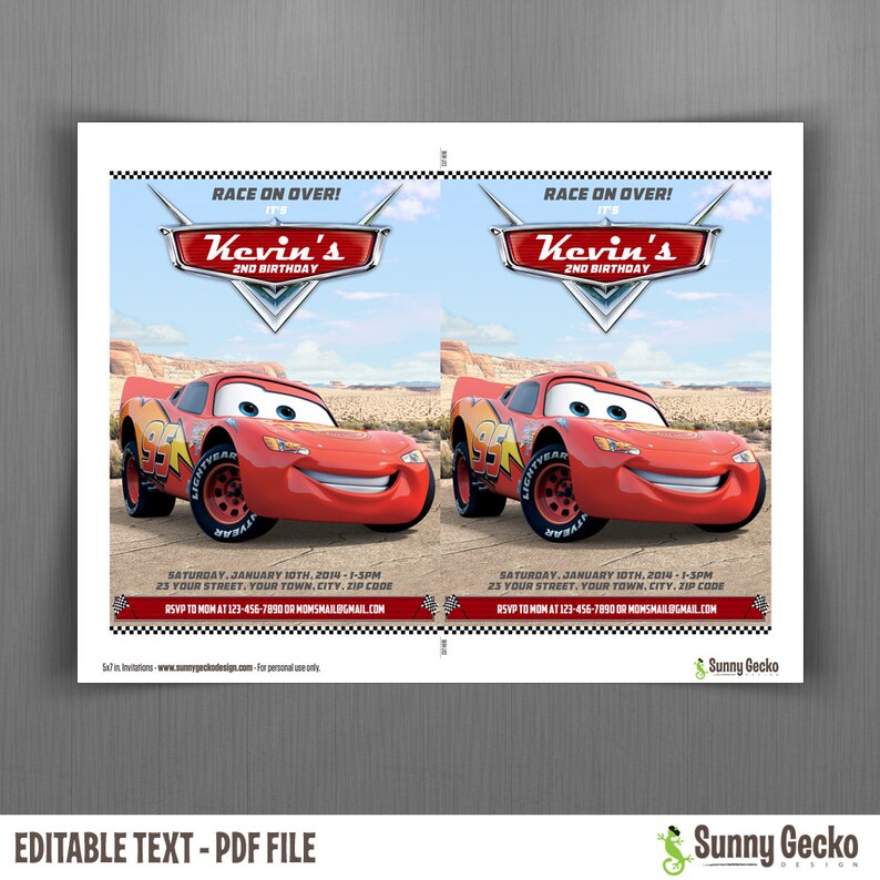Instant Download and Edit with Adobe Reader Disney Cars Lightning McQueen Birthday Invitation