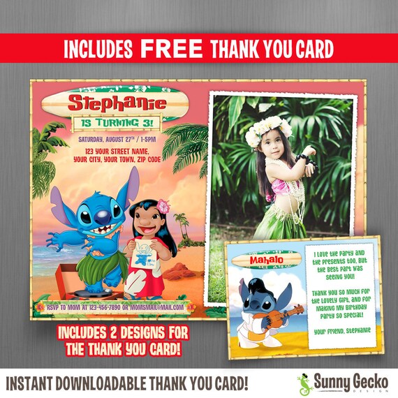 Disney Lilo And Stitch 7x5 In Birthday Party Invitation With Free