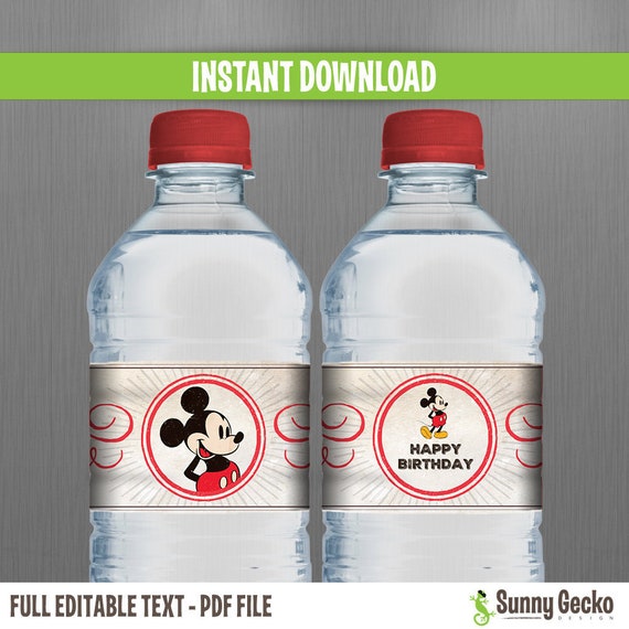Disney Vintage Style Mickey Mouse Birthday Bottle Labels or Napkin Rings - Instant Download and Edit with Adobe Reader DC Il_570xn