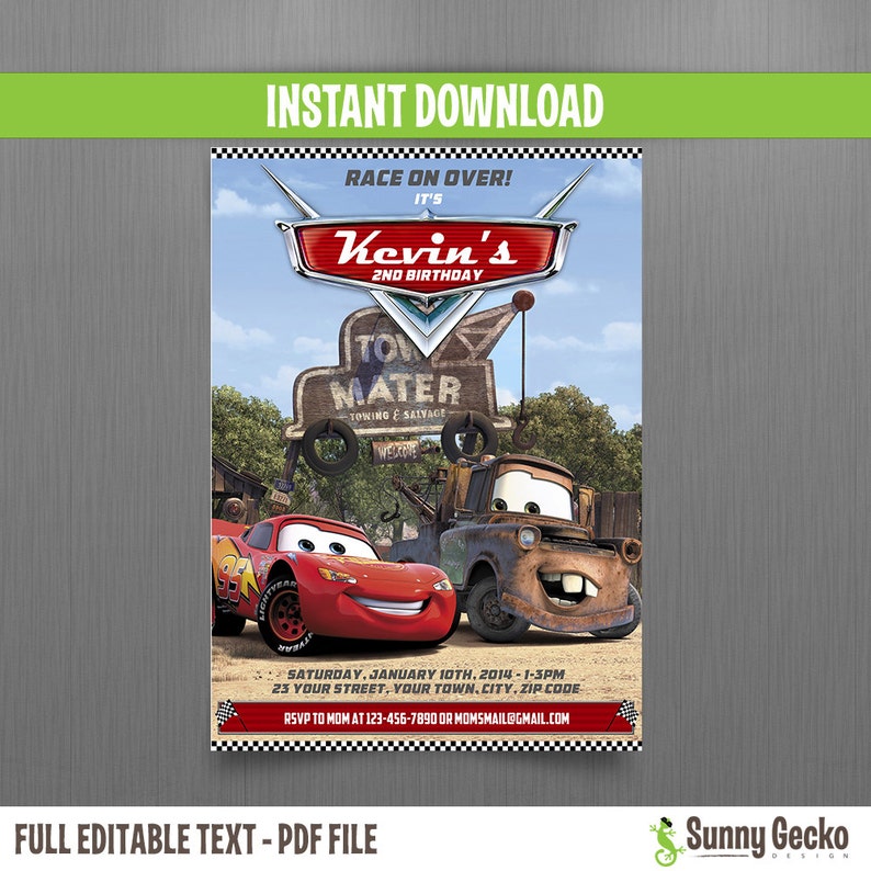 Birthday Party Invitation Cars Lightning McQueen Tow Mater