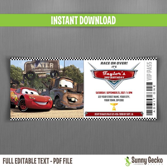 Disney Cars Birthday Ticket Invitations - Instant Download and Edit with Adobe Reader Il_570xn