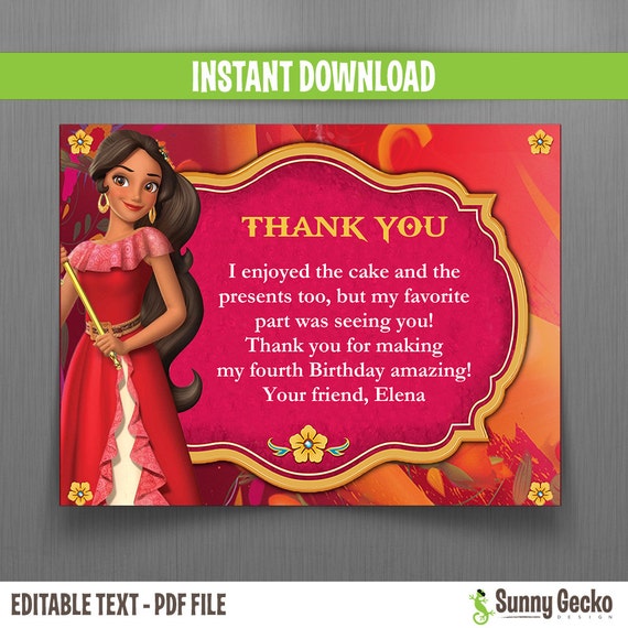 Disney Elena of Avalor Thank you Cards - Instant Download - Edit and print at home with Adobe Reader - Elena of Avalor Birthday Il_570xn