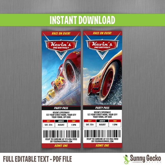 Disney Cars 3 Birthday Ticket Invitations - Instant Download and Edit with Adobe Reader - Cars 3 Birthday Party - Lightning McQueen Il_570xn