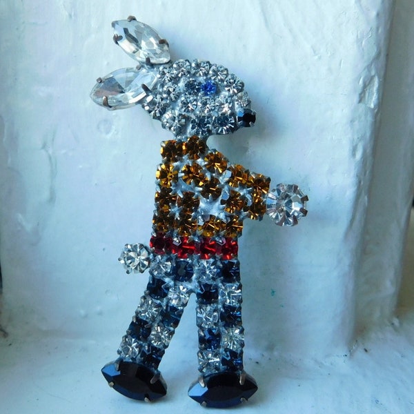 Czech rhinestone BUNNY brooch pin ~ Dressed bunny rabbit in checked pants