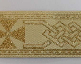 Jacquard Ribbon Trim Tape Gold~CREAM~metallic-Celtic knot~Celtic cross pattern~reversible-1-1/4"