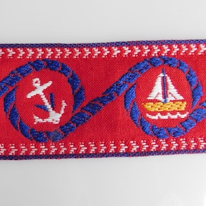 2&quot; Vintage cotton Jacquard Ribbon Trim Tape~NAUTICAL theme~ blue, white and yellow on RED