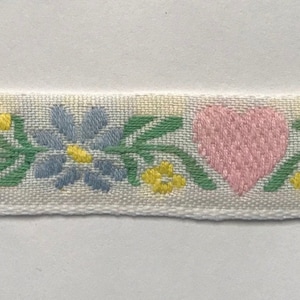 Vintage floral Woven Jacquard Ribbon Trim~Pale PINK Hearts flower dusty blue yellow green maize on white~11/16&quot;