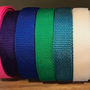 May include: Assortment of 10 colors of 1 inch wide nylon webbing. The colors are pink, purple, blue, green, teal, beige, white, black, gray, and light gray.