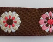 Limited Designer Woven jacquard Ribbon trim DAISIES pink flowers on brown 5 8 quot