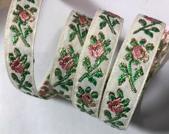 Jacquard Ribbon Trim ~ Pink petite rose buds on off white w/gold metallic ~ 1/2&quot;