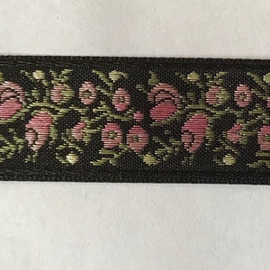 Pretty Vintage PINK floral Jacquard Ribbon Trim TapePink rose buds, yellow, green on Blackdoll, baby trims image 2
