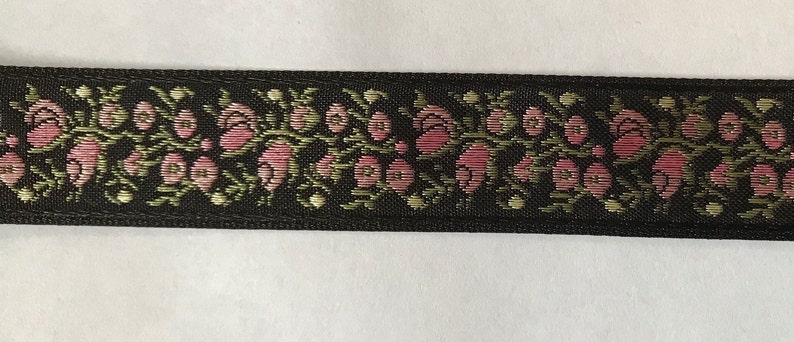 Pretty Vintage PINK floral Jacquard Ribbon Trim TapePink rose buds, yellow, green on Blackdoll, baby trims image 2