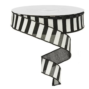 WIRE EDGE RIBBON~1.5&quot; Horizontal Stripe Ribbon~Faux linen look~Black & white~Wired craft ribbon