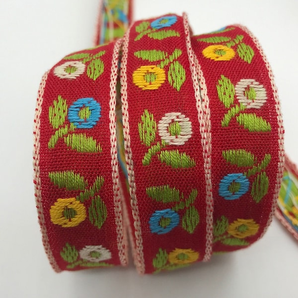 Vintage cotton Jacquard Ribbon Trim ~ multi color flowers on red 5/8"