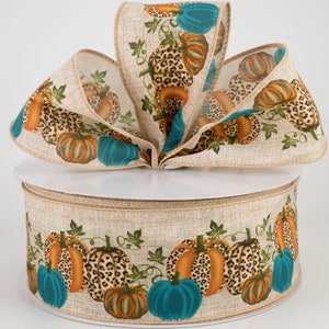 WIRE EDGE RIBBON~2.5&quot; Cheetah Pumpkin Natural Ribbon~Teal ~Craft ribbon~wreath ribbon