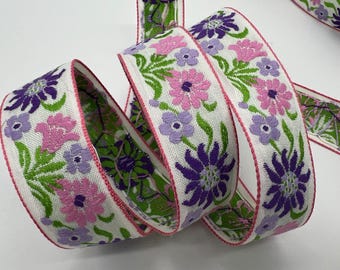 Vintage floral Woven Jacquard Ribbon Trim~white~purple~Lavender~Pink~edelweiss flowers on a white~1"