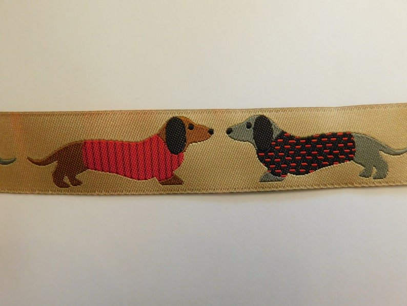Ribete de cinta jacquard Ribete de cinta jacquard tejido de diseñador Perro salchicha en cinta color canela patrón de cachorros 7/8 imagen 3