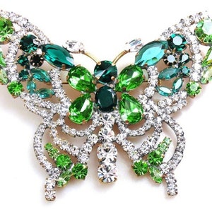 Spectacular XXXL Czech Rhinestone BUTTERFLY Brooch Pin Crystal Glass BUG pin Emerald green~peridot green~4-1/8" x 3-5/16"