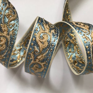 Jacquard Ribbon Trim~Renaissance Fair Costume Trim~baby blue~Ivory~gold Metallic~Scrolls~7/8&quot;