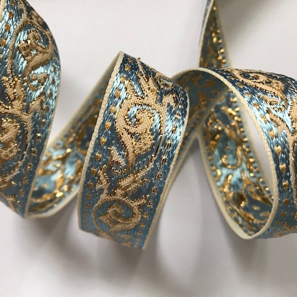 Jacquard Ribbon Trim~Renaissance Fair Costume Trim~baby blue~Ivory~gold Metallic~Scrolls~7/8"