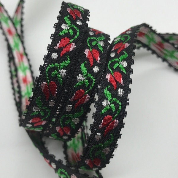 Dainty tulips Vintage Jacquard Ribbon Trim Tape~red, pink, green on black~1/2" 13mm