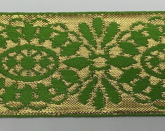 Jacquard Ribbon Trim~Renaissance Fair Costume Trim~APPLE green~gold Gold Metallic~OVALS~1-7/16"