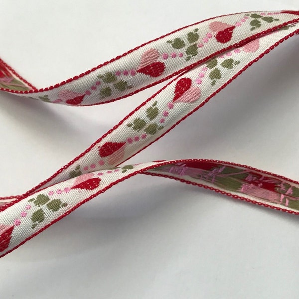 Sweet Vintage heart Jacquard Trim Ribbon Red pink hearts, moss green on white~3/8"