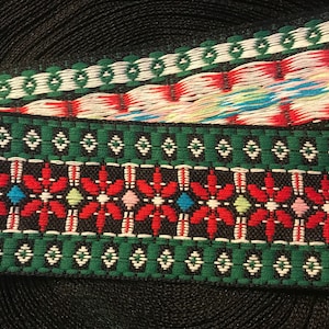 Vintage Jacquard Ribbon Renaissance Fair Costume Trim~Geometric pattern~Multi~Green Red~1-15/16&quot;
