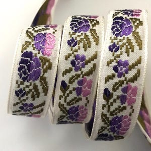 Vintage Jacquard Ribbon Trim ~ PURPLE Roses and flowers on antique white ~ 3/4&quot;