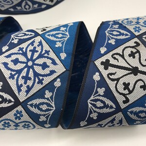 Jacquard Ribbon Trim~Regal Pattern Woven Jacquard Ribbon BLUE~white~1-15/16&quot;