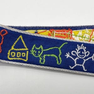 VINTAGE cotton Children&#39;s Woven Jacquard Ribbon Trim~Bird~cat~house~kids~red yellow white green on BLUE~1-7/16&quot; wide