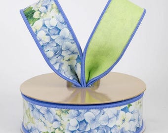 BTY Double Sided Fused Hydrangeas D'LUX Ribbon: 1.5" Blue & Green~Sold by the yard