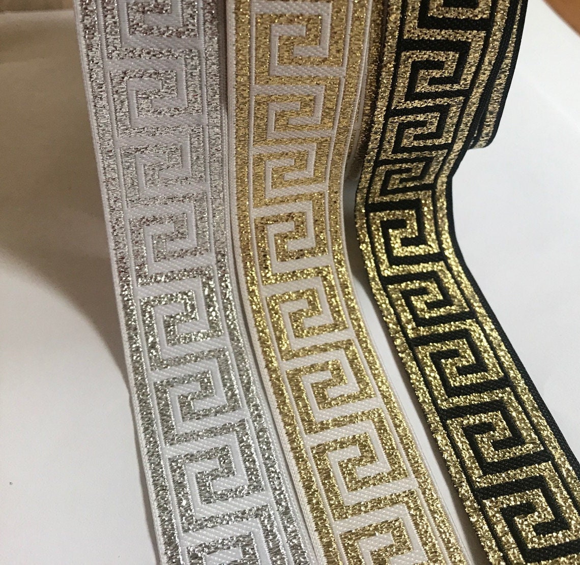 7/8" Metallic GREEK KEY Jacquard Ribbon Trim Tape~lightweight Gold metallic~3 colorways