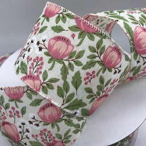 2.5&quot; Linen Blush Peonies & Cotton Ribbon ~ Ivory ~ sold by the yard or 10 yard lot ~Craft Wired ribbon