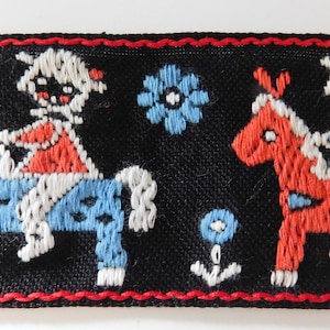Vintage Jacquard Trim Jacquard ribbon Children&#39;s Costume Trim~Black~Blue~Red~White  Child on a horse~1-7/8&quot;