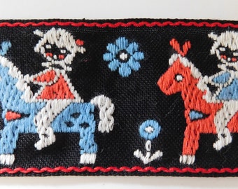 Vintage Jacquard Trim Jacquard ribbon Children's Costume Trim~Black~Blue~Red~White  Child on a horse~1-7/8"