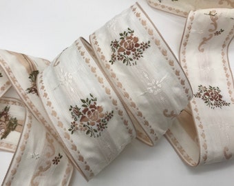 Vintage Floral Jacquard Trim Ribbon Beige light brown w/ pale pink hue rosebuds on white Made in Poland ~ Cotton rayon