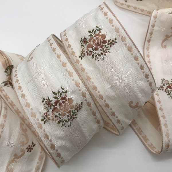 Vintage Floral Jacquard Trim Ribbon Beige light brown w/ pale pink hue rosebuds on white Made in Poland ~ Cotton rayon