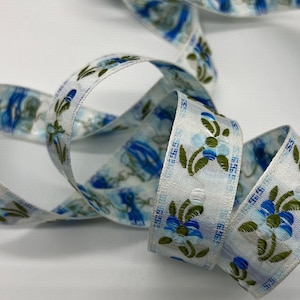 Vintage Jacquard Borte ~ Renaissance-Messe Borte ~ BLAU, Moosgrün auf weiß ~ BLUMEN ~ 20 mm