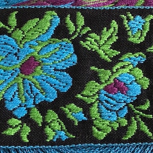Vintage cotton Jacquard Ribbon Trim Tape~Gorgeous Floral design~Cerulean BLUE~green~Black~1-15/16&quot;