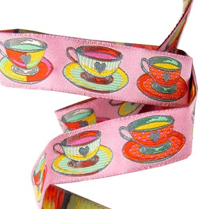 Jacquard ribbon~Big Tea Time PINK~7/8&quot;-Tula Pink Curiouser~Renaissance ribbons~Jacquard trims