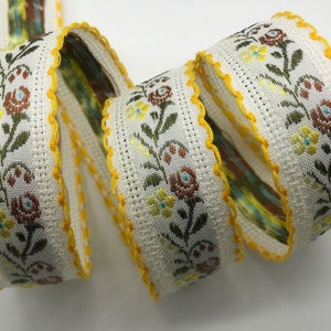 Vintage Jacquard Zierband~sehr schönes gelbes Blumenmuster~GELB~braun~Moosgrün auf Weiss~25cm