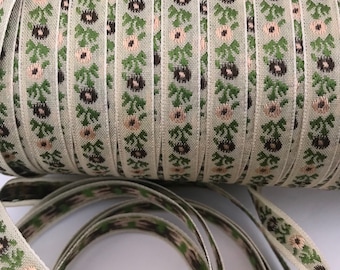Dainty Vintage Jacquard Ribbon Trim Tape~peach, brown, sage green on cream~7/16&quot; 11mm wide