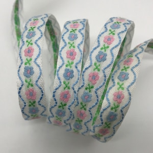 Sweet Vintage floral Jacquard Trim Ribbon Blue Pink FLOWERS on white~ 7/16&quot;