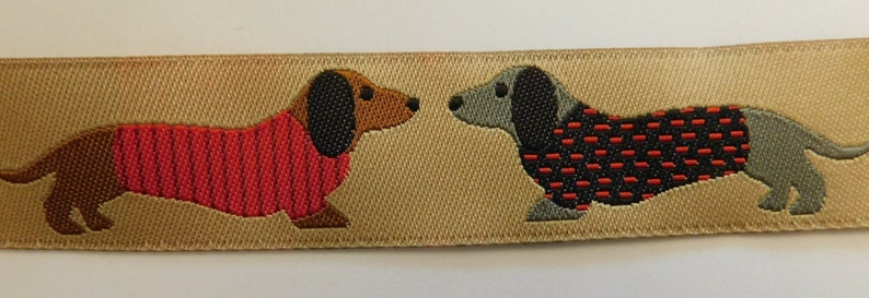 Ribete de cinta jacquard Ribete de cinta jacquard tejido de diseñador Perro salchicha en cinta color canela patrón de cachorros 7/8 imagen 1