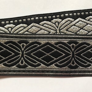 Jacquard Ribbon Trim~Woven Jacquard Ribbon~Renaissance Fair Costume Trim~silver metallic~Black~1/5/16&quot;